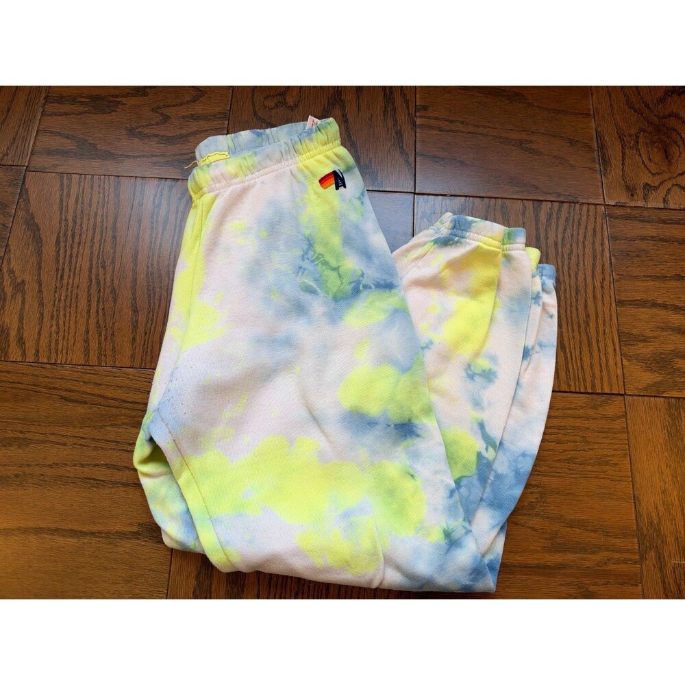 Women’s Aviator Nation Tie Dye Joggers Blue Neon Yellow Sweatpants Size Small